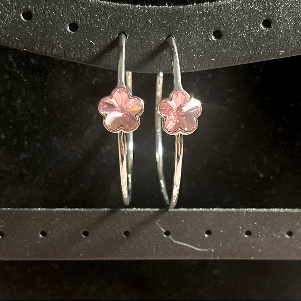 Pink Flower Silver Tone Earrings